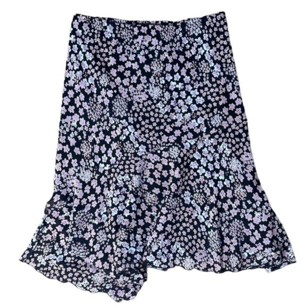 Jolibel Midi Skirt Womens 10 Black‎ Pink Floral Cottagecore Asymmetrical Ruffle